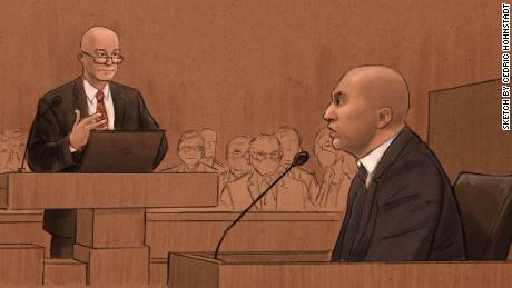 A courtroom sketch shows J. Alexander Kueng testifying on February 17, 2022. The former officer said Derek Chauvin made a joke while restraining George Floyd.