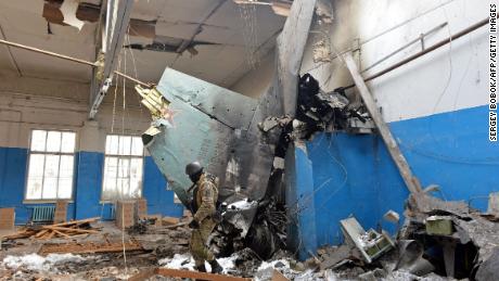 A downed Russian Sukhoi Su-25 assault aircraft pictured in Kharkiv on Tuesday.