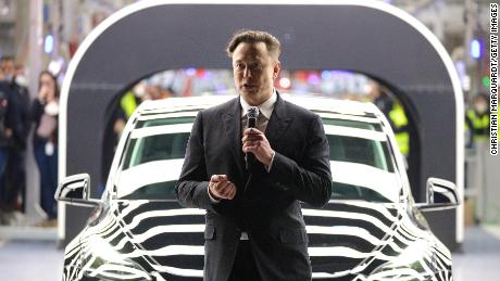 Tesla CEO Elon Musk speaks during the official opening of the new Tesla electric car manufacturing plant on March 22, 2022 near Gruenheide, Germany.