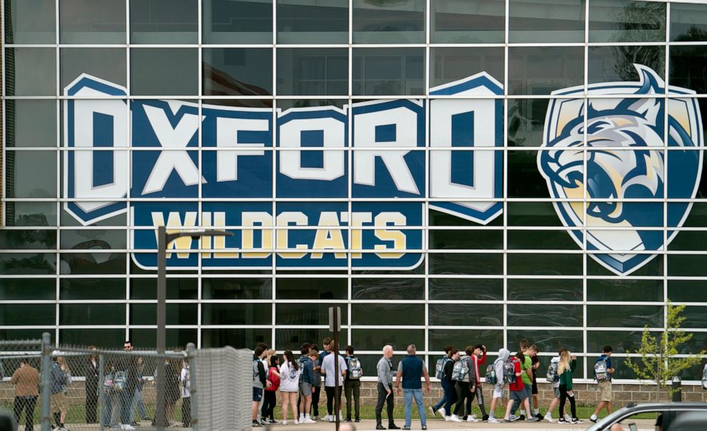 PHOTO: Oxford High School student return to school after they walked out of classes, May 26, 2022, in Oxford, Mich. to show their support for the Uvalde, Texas community and the recent mass shooting that occurred at Robb Elementary School.