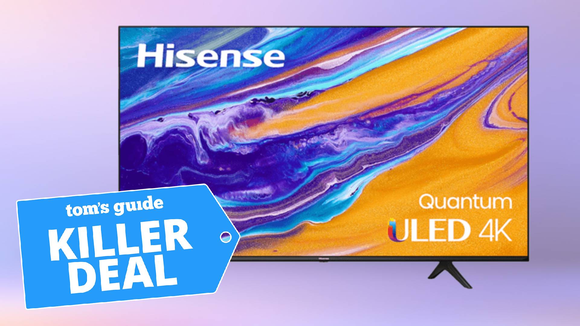 A photo of the 75" Hisense U6H TV on a purple background