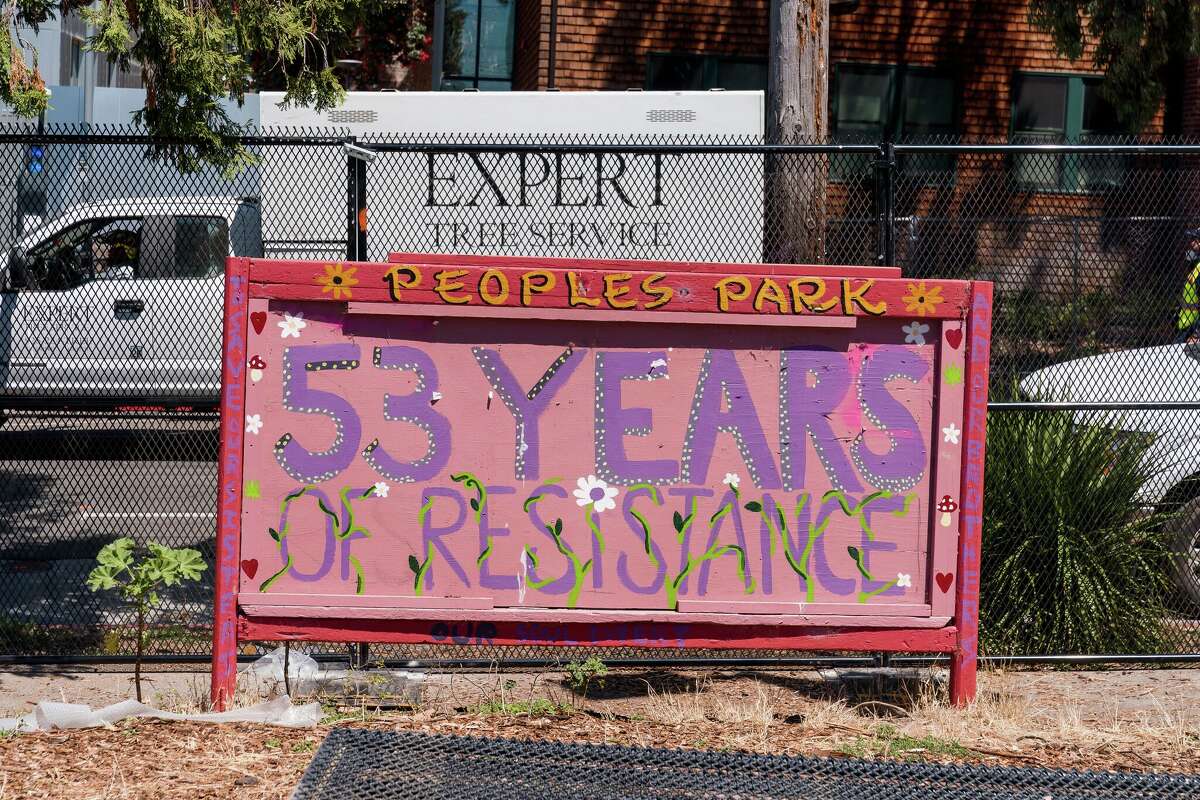 A sign proclaiming "53 years of resistance" is seen at People's Park in Berkeley, Calif., on Wednesday, Aug. 3, 2022.