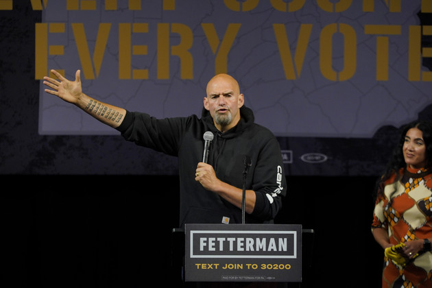 Pennsylvania Lt. Gov. John Fetterman speaks after being introduced by his wife Gisele Barreto Fetterman during a rally.