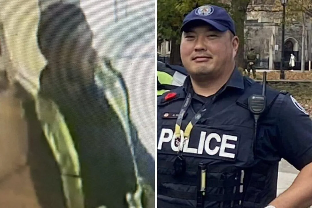 Toronto police Const. Andrew Hong, right, was shot and killed while on lunch break in Peel Region on Monday. Soon after, Peel police released a still image of the suspect in Hong's killing and subsequent rampage, left.