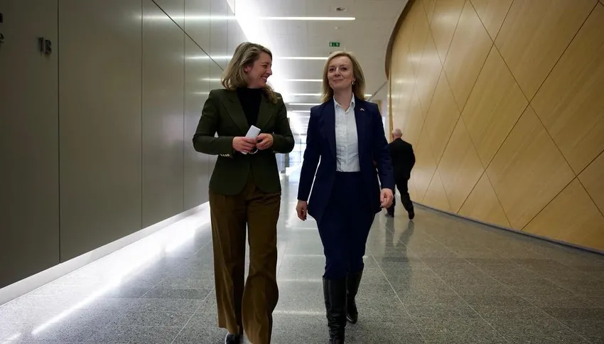 Canadas's Foreign Minster Mélanie Joly, left, and Liz Truss, then the U.K.'s foreign secretary, shown at an April 7 NATO meeting.