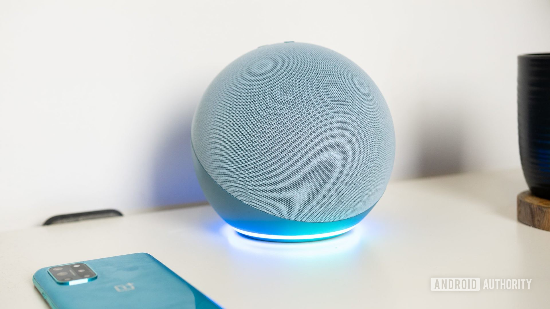 Amazon Echo 4th gen desk A 4th-gen Amazon Echo on a desk