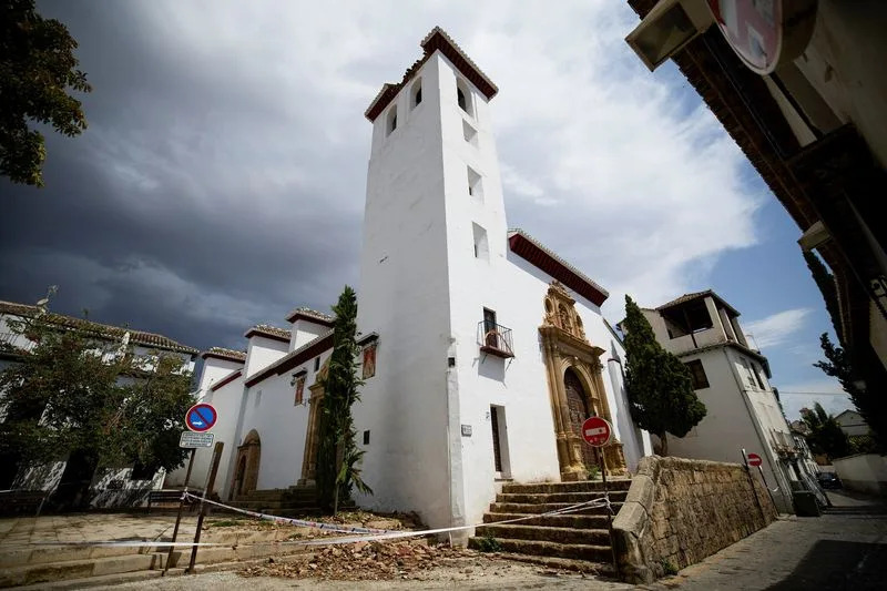 Rubble lies outside San Miguel Church after part of its ceiling was damaged in an earthquake that struck southern Spain