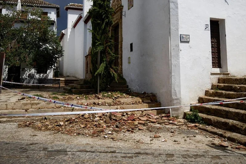 Rubble lies outside San Miguel Church after part of its ceiling was damaged in an earthquake that struck southern Spain