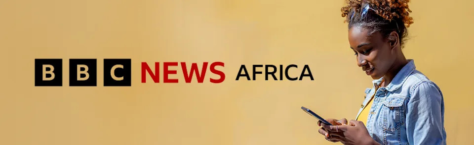 To the right of the banner a woman with sunglasses on her head and wearing a denim jacket and yellow T-shirt looks down at her mobile phone. A graphic for BBC News Africa in black and red is on the left of the image which has a pale golden brown background.