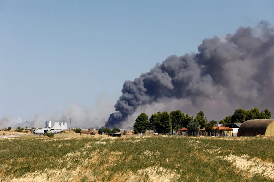 Smoke rises following a Greek F-4 Phantom fighter jet crash in Tanagra, Greece.