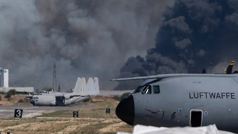 Smoke rises after a Hellenic Air Force F-4 Phantom fighter jet crashed during an airshow at Tanagra Air Force Base near Athens.