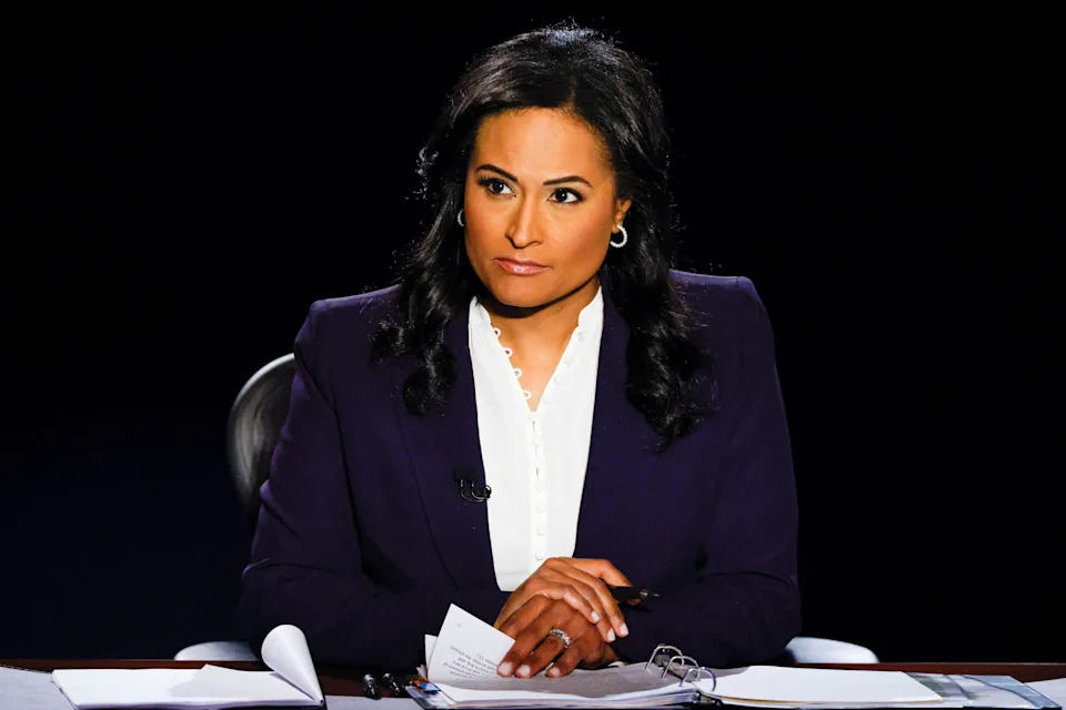 Kristen Welker listens during the second 2020 presidential campaign debate between Donald Trump and Joe Biden in Nashville, Tennessee on Oct. 22, 2020.