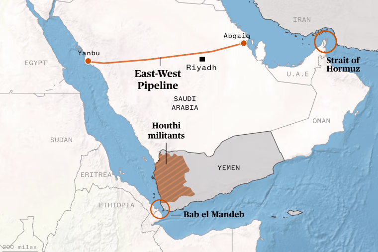 Map of the Saudi Arabia East-West Pipeline and Houthi fighters  locations around Bab el Mandeb strait