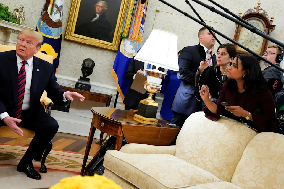 President Donald Trump dismisses a question from then-correspondent Kristen Welker at the White House in Washington on May 3, 2019.