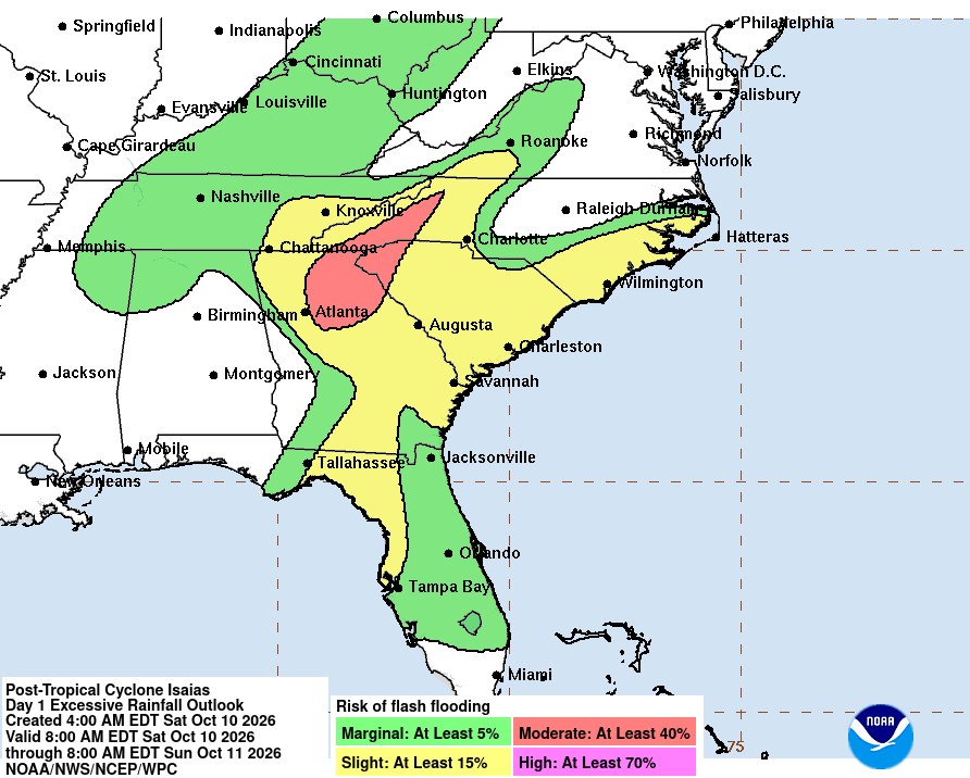 A map from NOAA's Weather Prediction Center shows where excessive rain is most likely on Saturday Oct. 10.