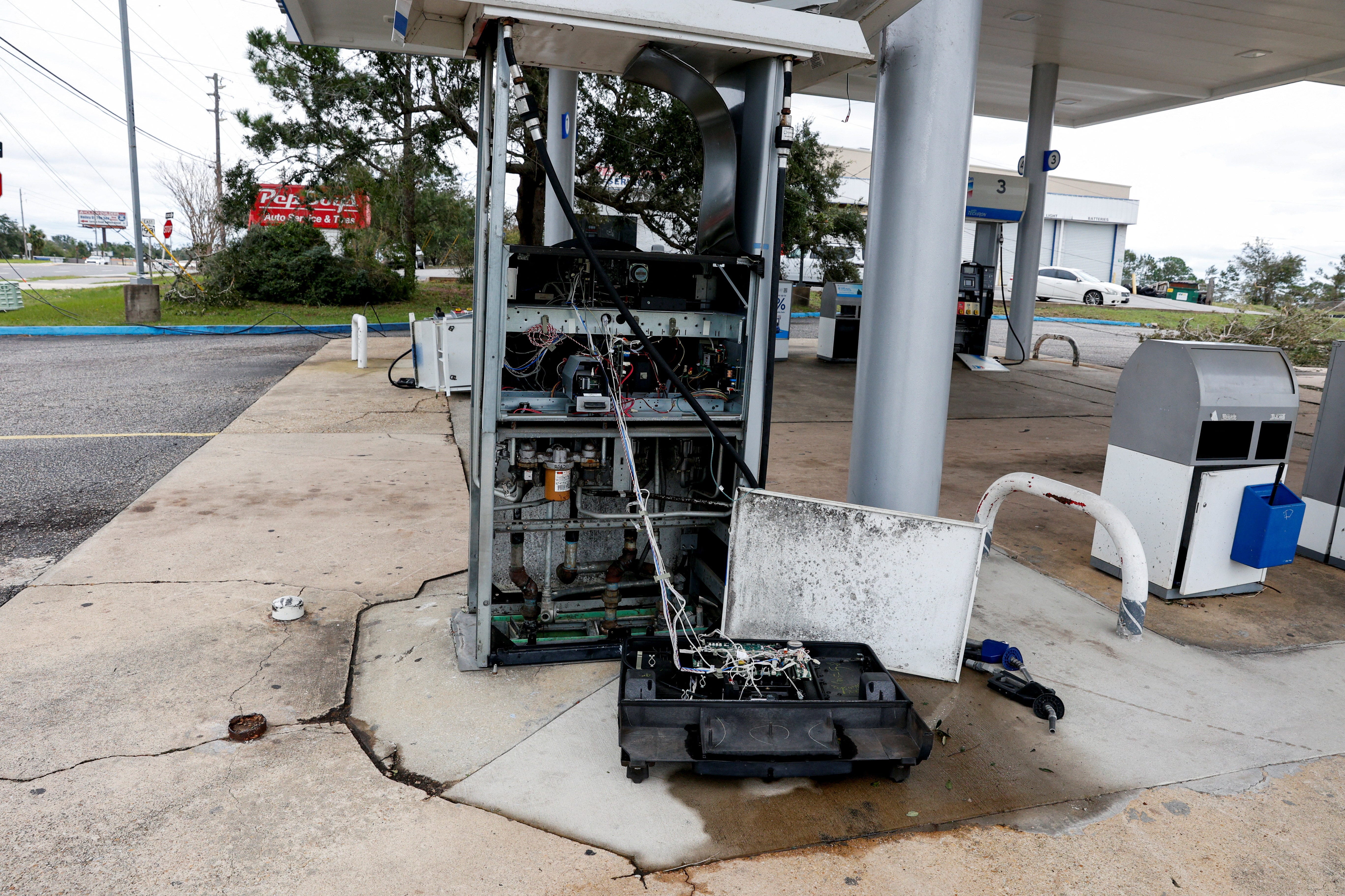 Damaged gas pumps at a station in the aftermath of Hurricane Isaias in Gulf Breeze, Florida, on Oct. 10, 2026. 