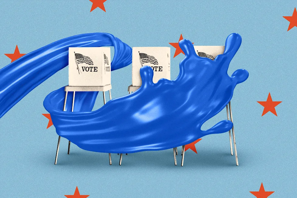 An illustration of a blue wave of water rolling over three voting booths. 
